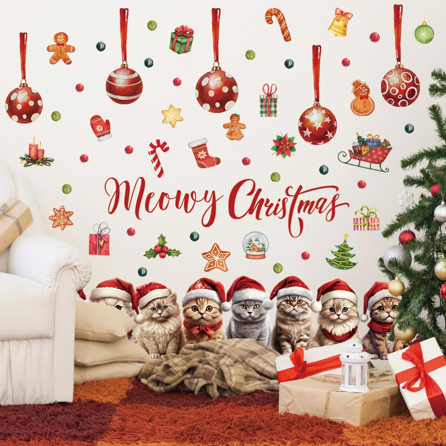 Christmas Cat Wall Decal Merry Christmas Wall Sticker Removable Christmas Cat Wall Decals Decor for Winter Christmas Holiday Party Supplies Home Window Decor