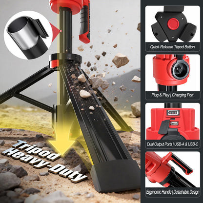 SYLSTAR Hybrid Powered LED Work Light with Tripod, 12000 Lumens Corded & Rechargeable Battery Work Light, 7.4ft Aluminum Telescopic Stand, 3 Brightness Levels, IP65, Dual Head, Portable Job Site Light