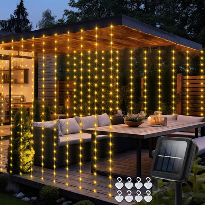 echosari Solar Curtain Lights 7.9ft x 6ft 144 LED Outdoor Curtain Lights Waterproof with Timer 8 Modes for Christmas Garden Patio Fence Wedding Wall Window Gazebo Decor - Warm White