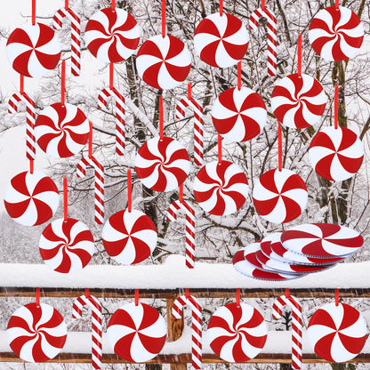 Soaoo 30 Pcs Outdoor Christmas Candy Cane Decorations Hanging Peppermint Christmas Yard Signs Double Sided Lawn Decorations Plastic Outside Hanging Yard Decor for Xmas Tree Porch Home