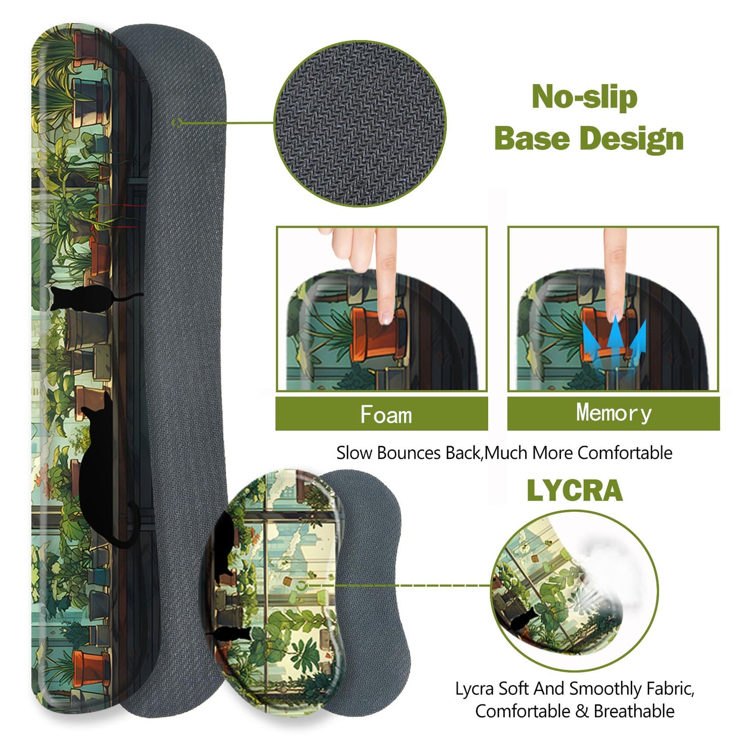 ToLuLu Extended Gaming Mouse Pad, Memory Foam Ergonomic Keyboard Mouse Wrist Rest Support Set, Large Desk Mat with Stitched Edges, Non-Slip Base Mousepad Home Office, Cute Green Japanese Kawaii Cat