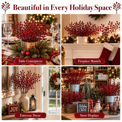 RAINFLOW Red Berry Stems for Christmas Tree - 12 Pcs Artificial Holly Berries 8 Inch Berry Branches No Shedding for Wreath Garland Holiday Home Decor Indoor Outdoor
