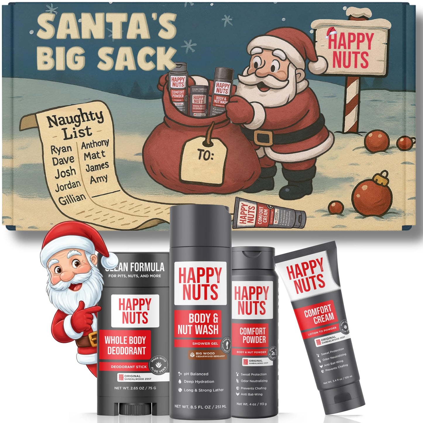 Happy Nuts Santa’s Big Sack - Funny Holiday Gift Box for Men - 4-in-1 Men's Care: Comfort Cream, Hydrating Body Wash, Whole Body Deodorant Stick, Anti-Chafing Powder - Hilarious Gift Basket for Him