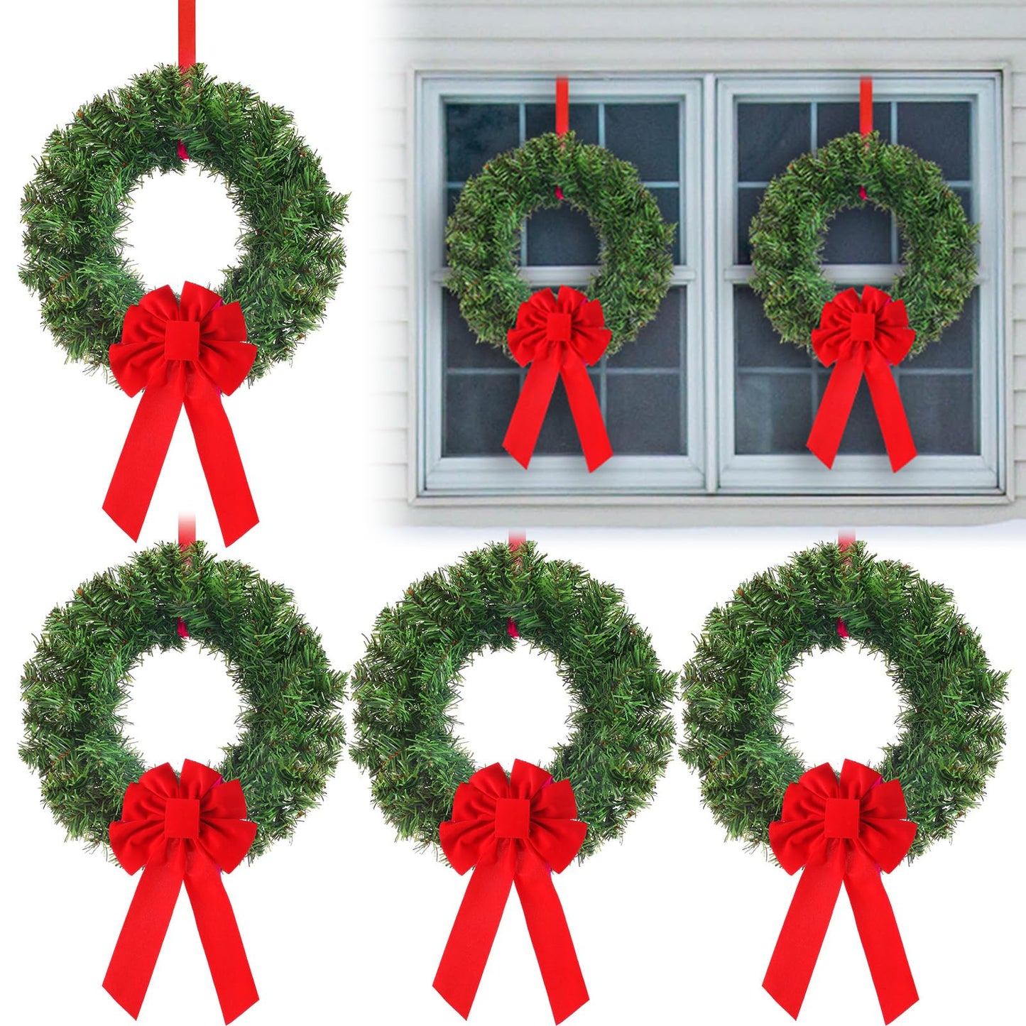 Janinka 6 Pcs Christmas Wreath for Windows 11.8 Inch Christmas Window Decorations Cabinet Wreaths with Red Bow Greenery Artificial Hanging Garlands for Fireplaces Window Home (Pine)