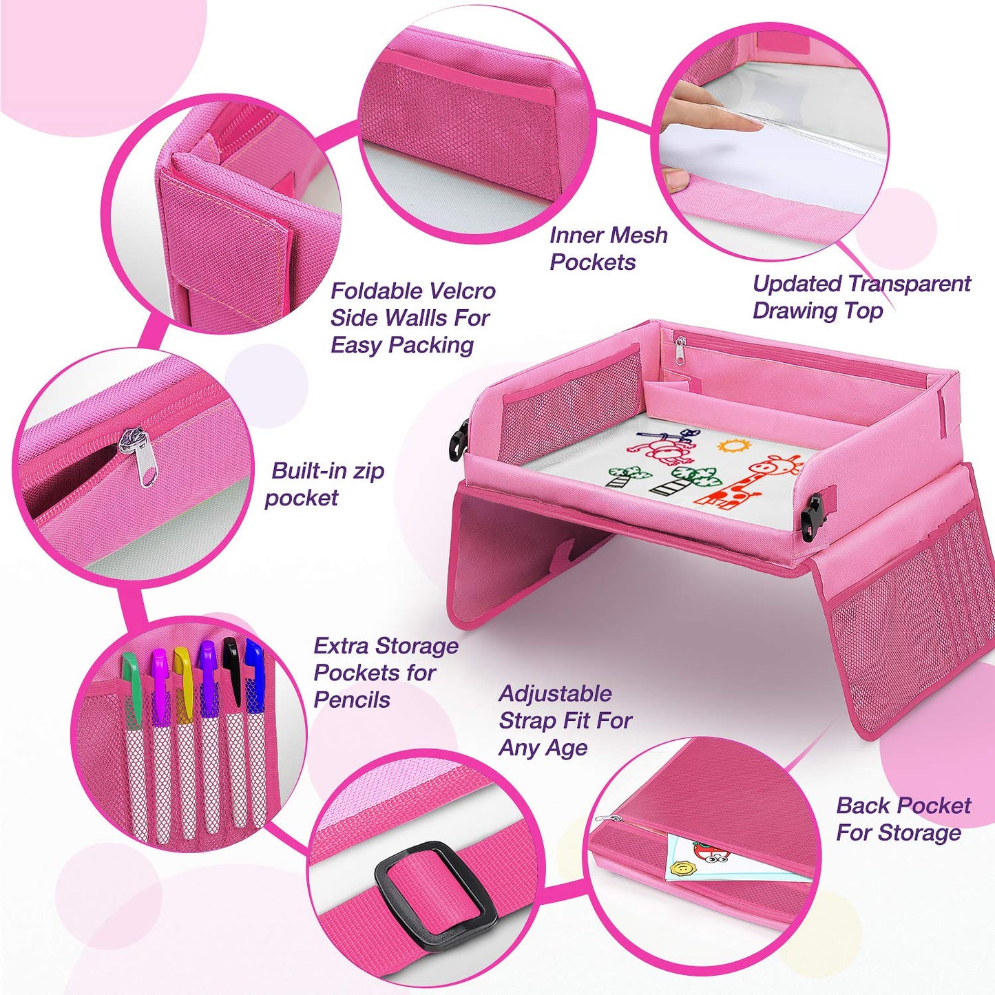 lenbest Travel Tray, Indoor & Outdoor Learning Educational Toys Play Tray Lap Desk with Dry Erase Top - 6 Pens & 5 Drawing Papers - Multifunctional Activity Tray for Kids Toddlers Boys Girls (Pink)