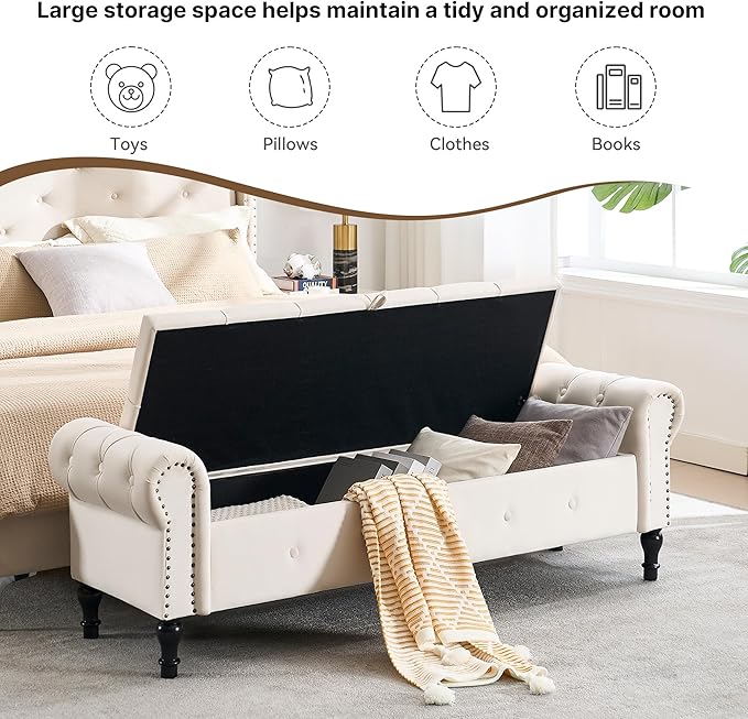 Storage Bench for Bedroom, Velvet 67" End of Bed Bench, King Size Bench