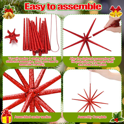 Syhood 6 Pcs Glitter Starburst Star New Year Ornaments 8 Inch Exploding Glitter Starburst Bethlehem Star Hanging Tree Ornaments Tabletop 3D Decor New Year Holiday Party(Red,Classic)