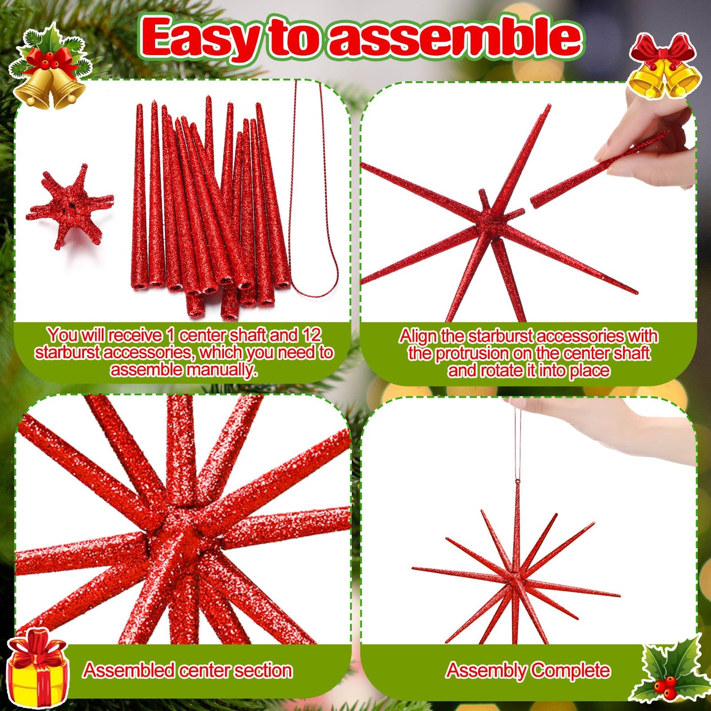 Syhood 6 Pcs Glitter Starburst Star New Year Ornaments 8 Inch Exploding Glitter Starburst Bethlehem Star Hanging Tree Ornaments Tabletop 3D Decor New Year Holiday Party(Red,Classic)