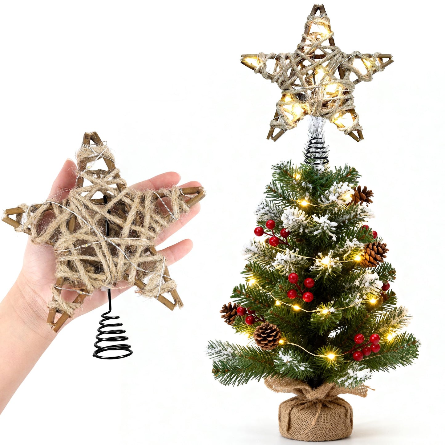 Joytry Christmas Tree Topper Rustic Christmas Tree Topper Star 6 Inch, Battery Operated Lighted Jute Rattan Star Warm White Light Christmas Tree Decoration for Small Tabletop Christmas Trees