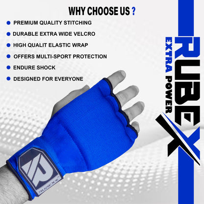 RUBEXX Slip on Boxing Hand Wraps Padded Thick Knuckle Inner Gloves 36 inches Elastic Wrist Strap Quick Wrap Under Mitts Martial Arts Muay Thai MMA Kickboxing Men Womem (Blue, S)