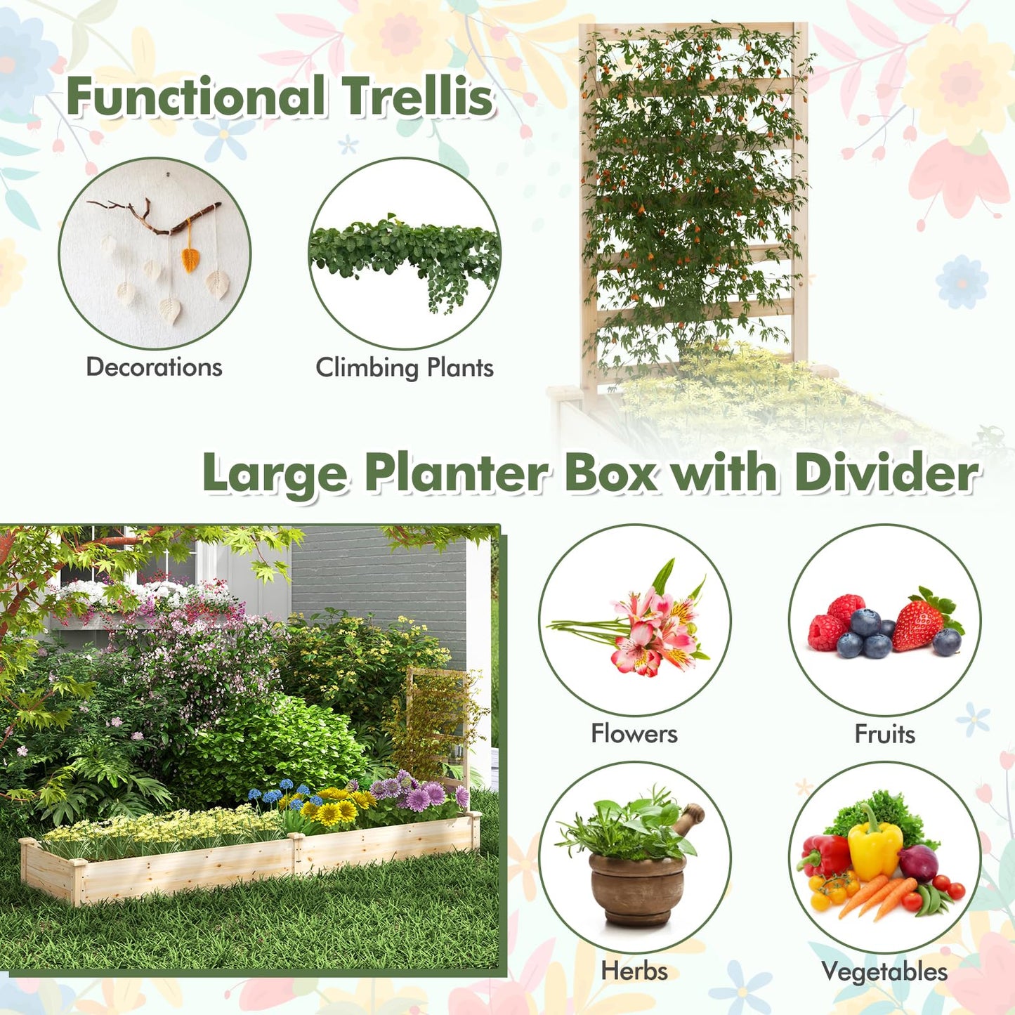 HAPPYGRILL Raised Garden Bed with Trellis, Wooden Garden Box with Divided Space for Vegetables, Flowers, Fruits, Climbing Plants, Outdoor Elevated Planter Box for Yard Patio, 93”L x 25”W x 40”H