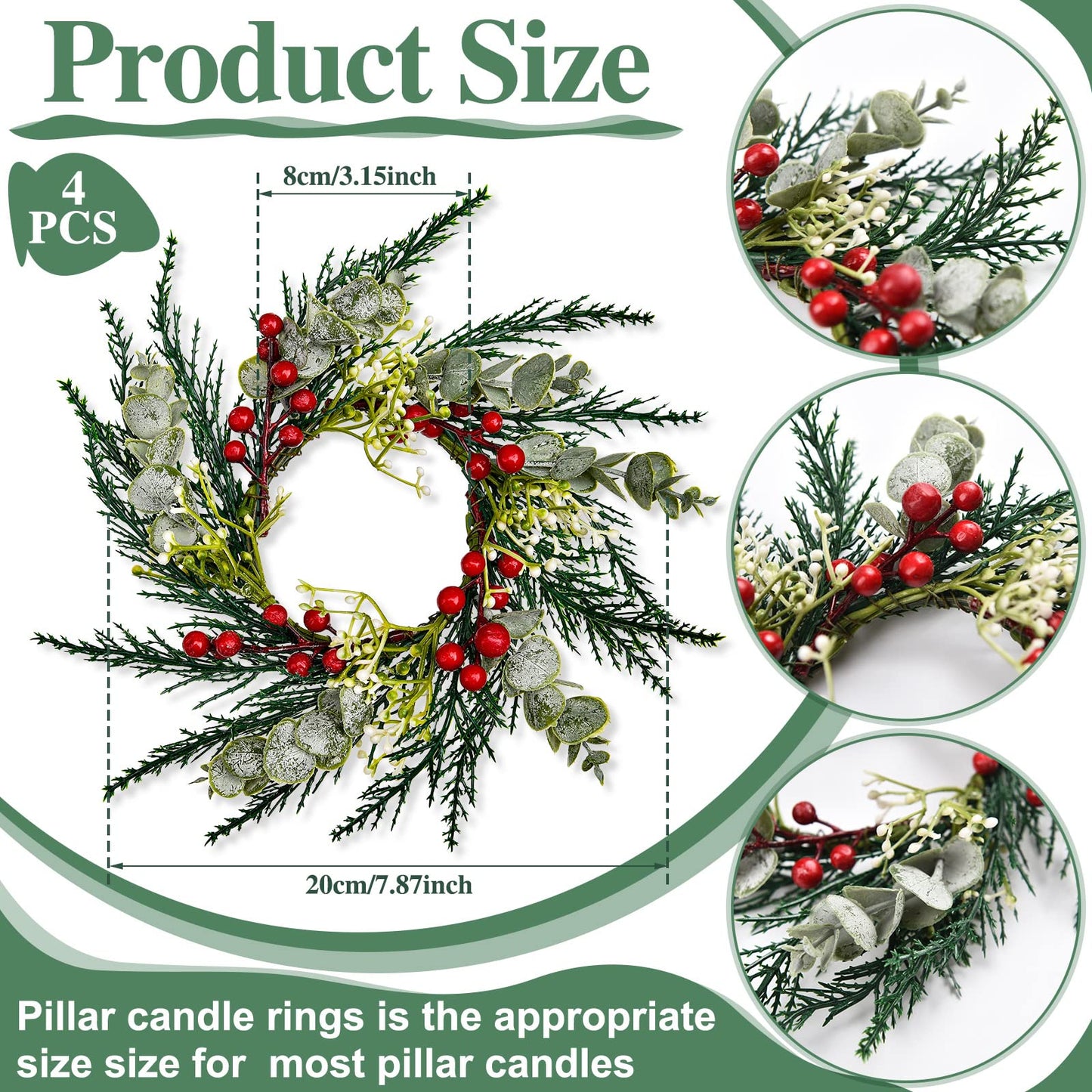 6 Pcs 8" Mini Christmas Wreaths for Kitchen Cabinet Small Christmas Candle Rings Wreaths, Front Door Pillars/Home Table Centerpieces Hanging Garlands, for Windows/Wedding Decor (No Red Ribbon)