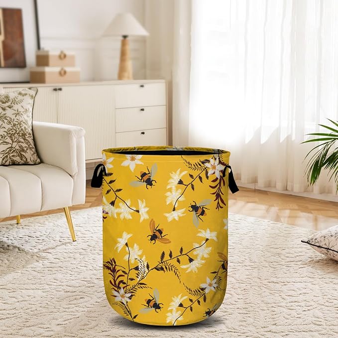 Bee Flower Laundry Basket, Spring Floral Laundry Hamper Collapsible Oxford Cloth