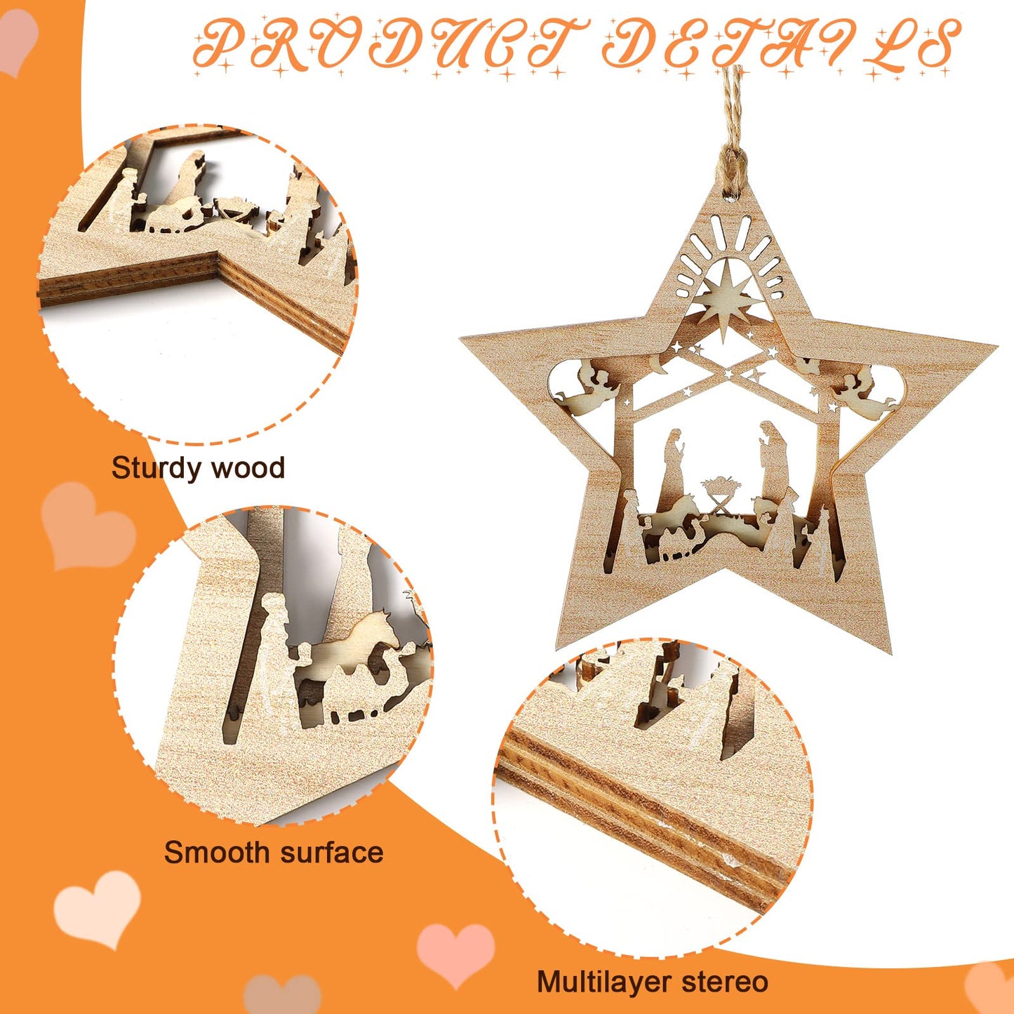 Blulu 24 Pieces Christmas Nativity Scene Ornaments Gift Set Bulk 3D Christian Wooden Hanging Ornament Xmas Tree Nativity Ornament The Birth of Jesus Story Religious Gift for Family (Star Shaped)