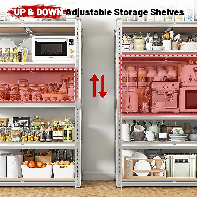 REIBII 2020LBS Garage Shelving Heavy Duty Metal Shelving 5 Tier Storage Shelves, Garage Shelves for Basement, Warehouse, Pantry, Closet, Kitchen, 72" H x 35.55" W x 16" D, Galvanized, 2 Pack