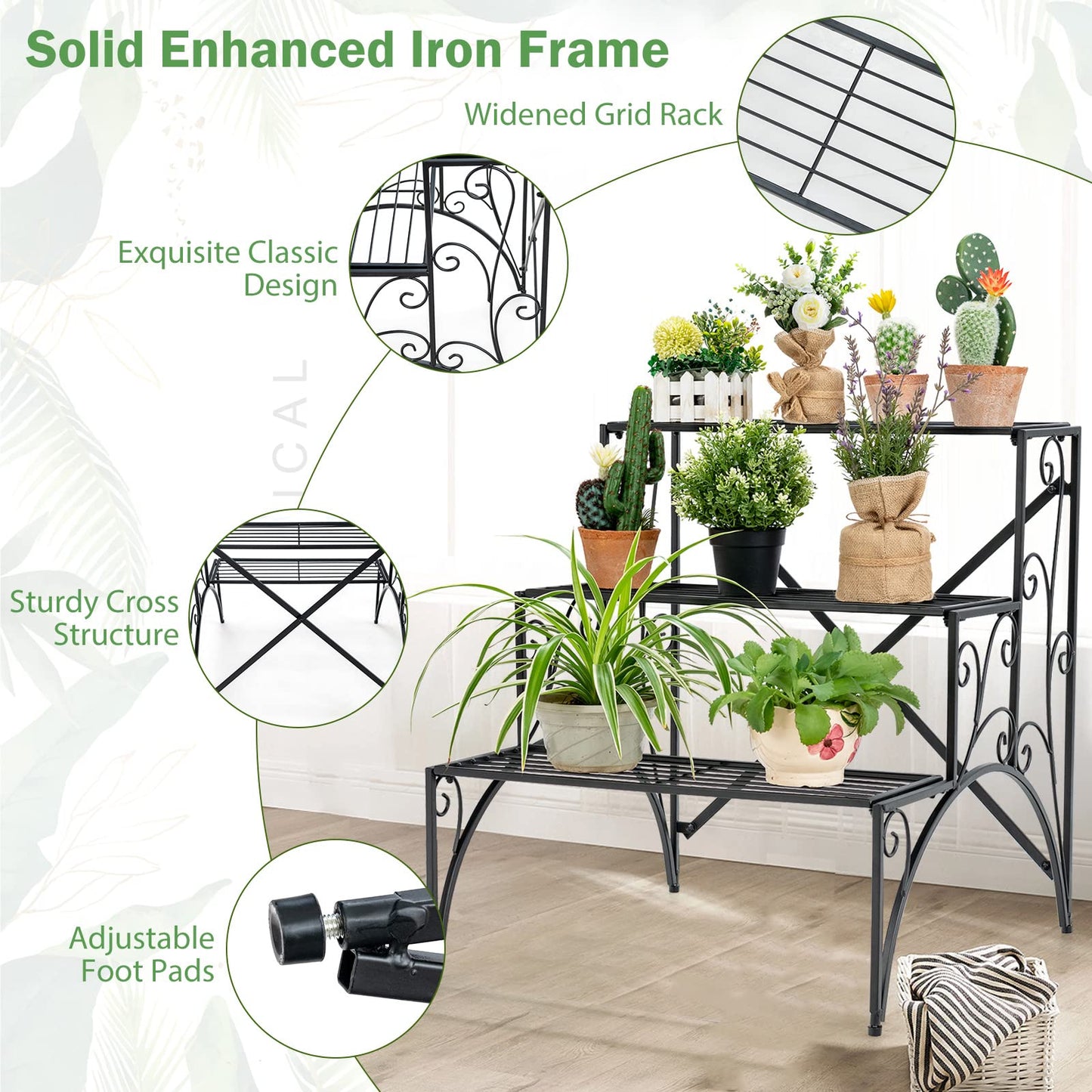 Giantex 3 Tier Metal Plant Stand, Black Corner Plant Stand Indoor w/ Widened Grid Shelf & Non-Slip Foot Pads, Display Rack Holder for Outdoor Porch Garden Patio Balcony