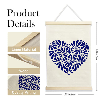 NQDWX Mexican Talavera Tiles Hanging Flag - Ceramic-Inspired Print Wall Decor for Kitchen Patio Spanish Home, 12x17 Inches Canvas Banner with Wood Frame. (083)