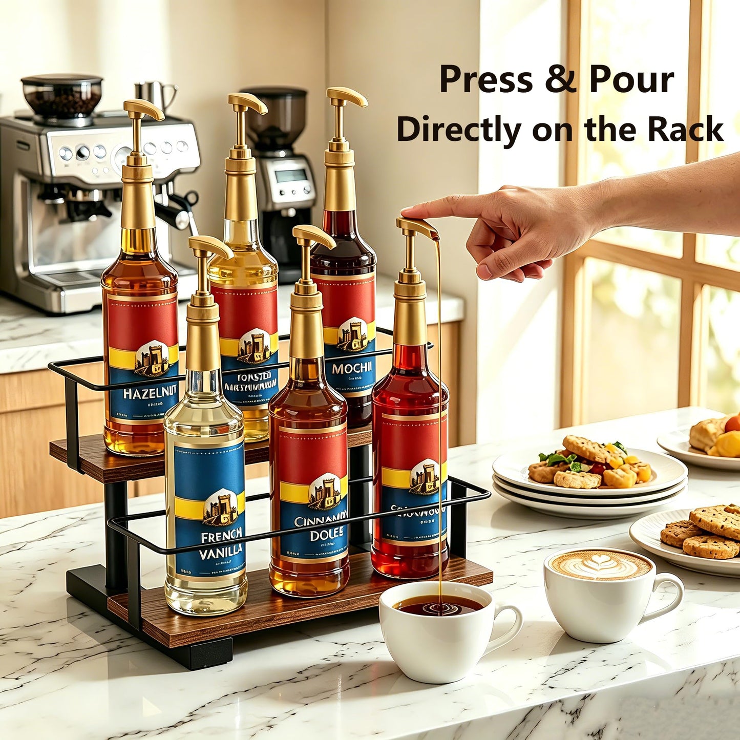 Wolera 2-Tier Coffee Syrup Organizer Rack – Holds 6 Syrup Bottles, Space-Saving Countertop Display Shelf for Coffee Bar, Liquor, Spice Jars & Essential Oil Bottles, Rustic Wood & Metal Stepped Shelf