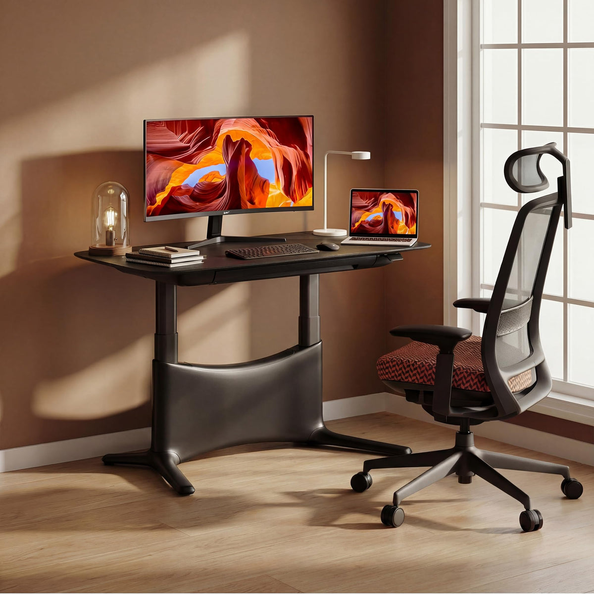 COLAMY Electric Standing Desk 55x28, Desktop Wobble-Free Dual Motor Sit Stand Up Desk with Drawers, Outlets & Footrest, Adjustable Height Computer Table for Home Office Workstation, Black Oak