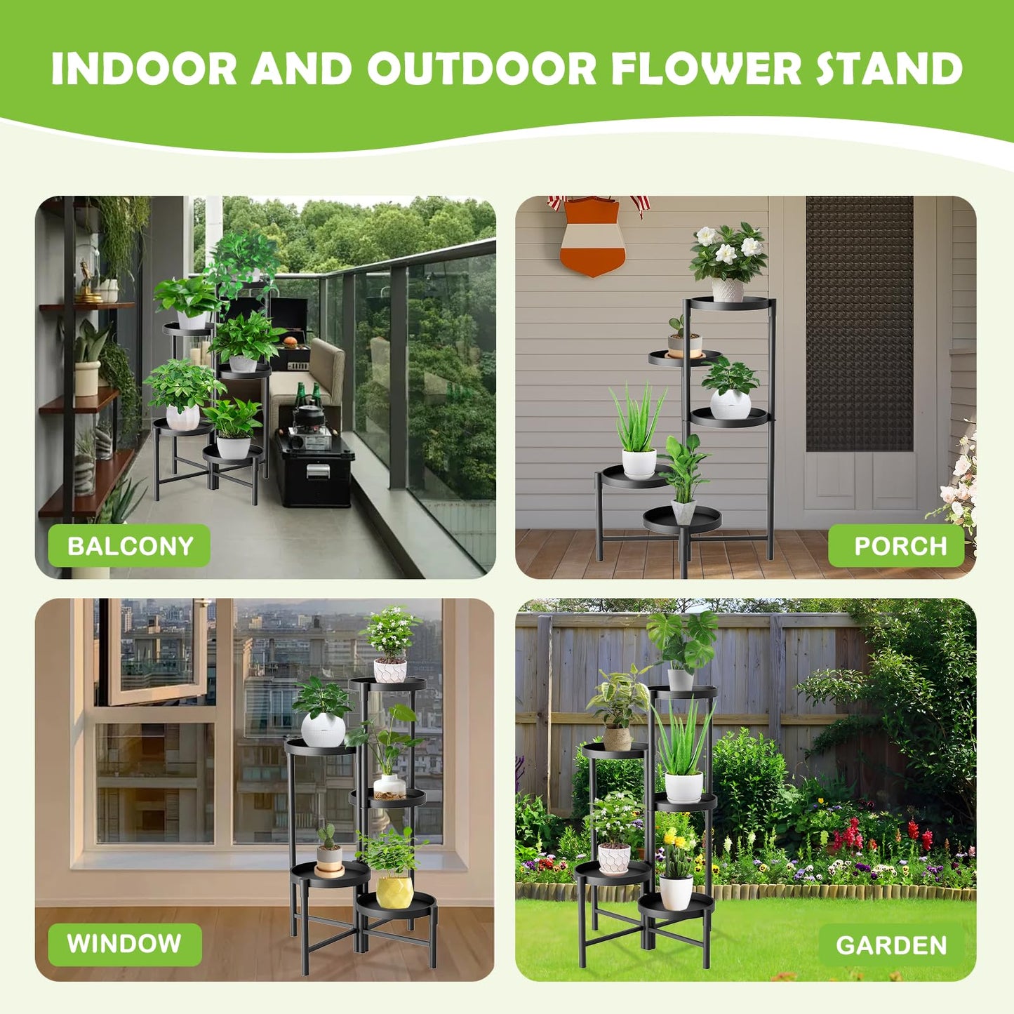 SparkByLiye 5 Tier Heavy Duty Metal Plant Stand for Indoor & Outdoor Use, Foldable Tall Corner Plant Shelf, Black Flower Pot Holder & Display Rack for Living Room, Balcony, Garden, & Patio