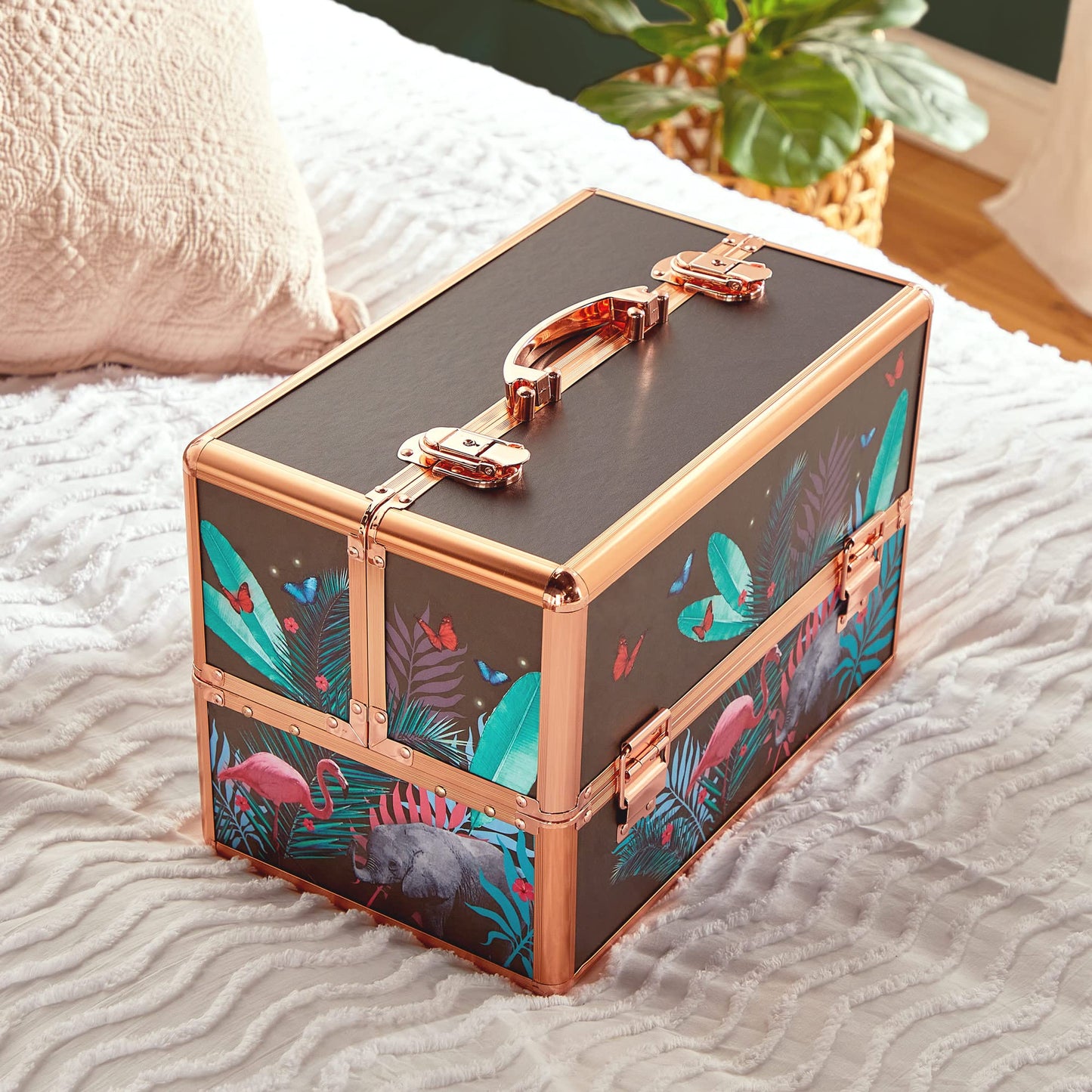 Beautify Make Up Vanity Case, Travel Jungle Print 3 Tier Makeup Box w/Extendable Trays, Spacious Storage & Removable Dividers to Create Compartments, Lockable Makeup Vanity Case for Professionals