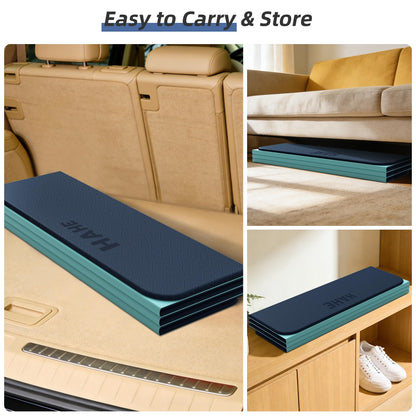 HAHE Foldable Yoga Exercise Mat, 74"Lx32"Wx1/3"Thick, TPE Multi-purpose Workout Mats with Non-slip Surface, Portable for Yoga/Pilates/Studio/Home Gym (Navy Blue+Green)
