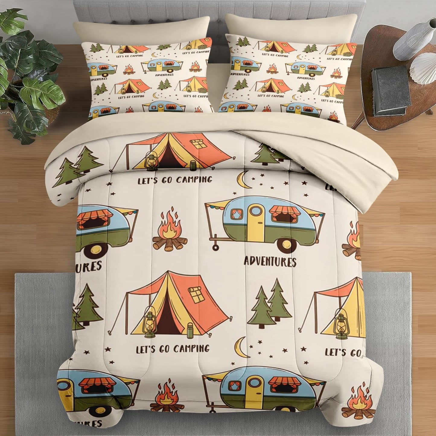 Pamnest Comforter Set Full Size, Summer Camp RV 7 Pcs Bedding for Kids and Adults, Camping Adventure Bed Sheet Sets with Fitted Sheet 2 Pillowcases & 2 Shams for Bedroom Bed Decor
