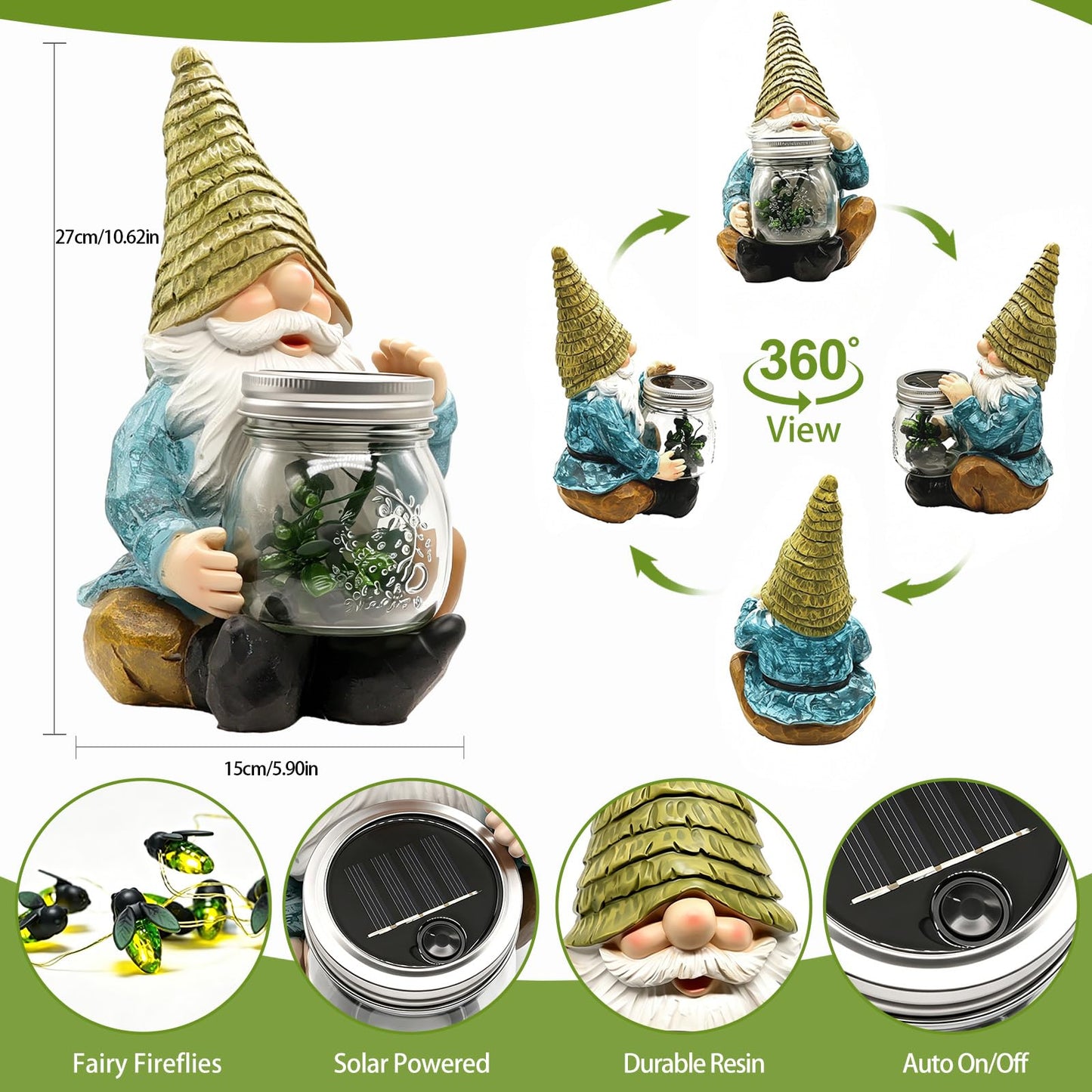 VOOKRY Solar Garden Gnome Statues, Outdoor Gnome with Firefly Solar Lights Waterproof, Birthday Gifts for Mom Women Mother's Day Christmas, Garden Figurines for Yard Decor Patio Porch Lawn Ornaments