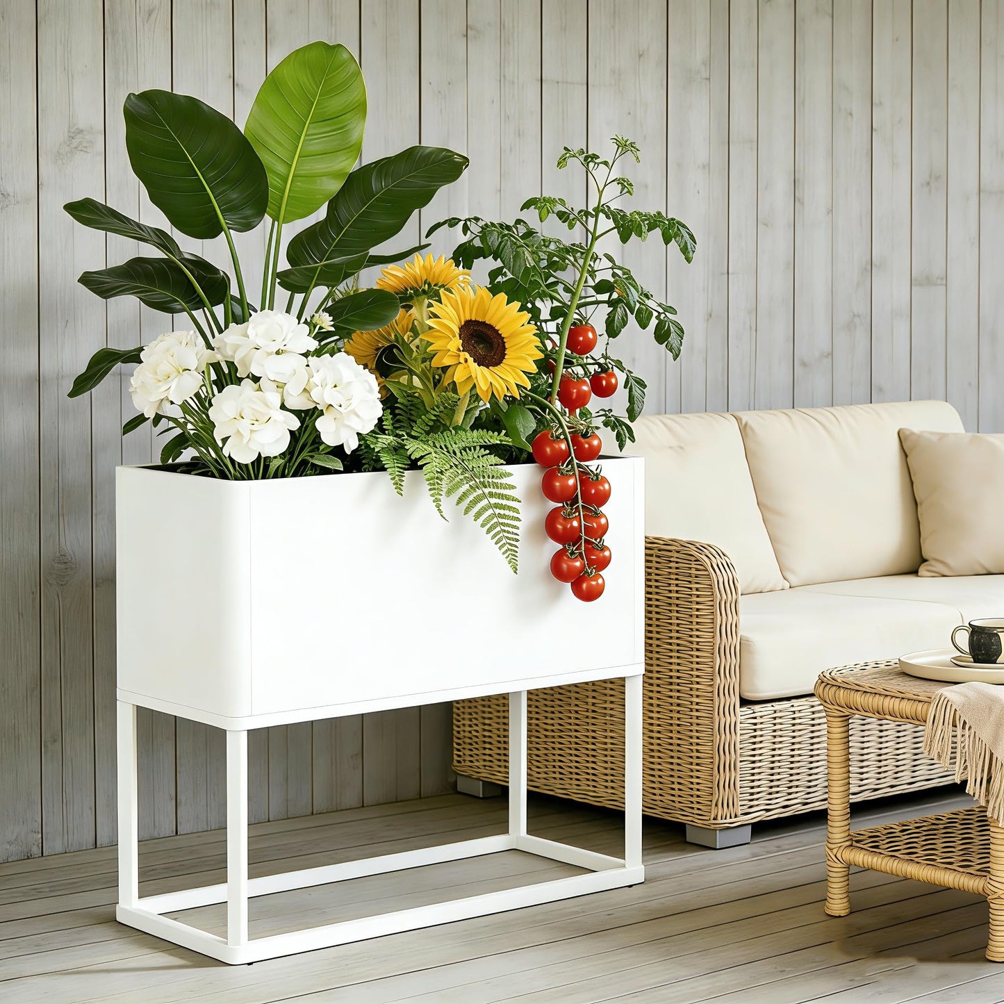 Liskanap Large Metal Planter Box with Legs, 38" L*15" W*30" H Modern Tall Raised Garden Bed with Legs, Rectangular Planters for Outdoor Indoor Patio Deck Balcony Porch Commercial, White