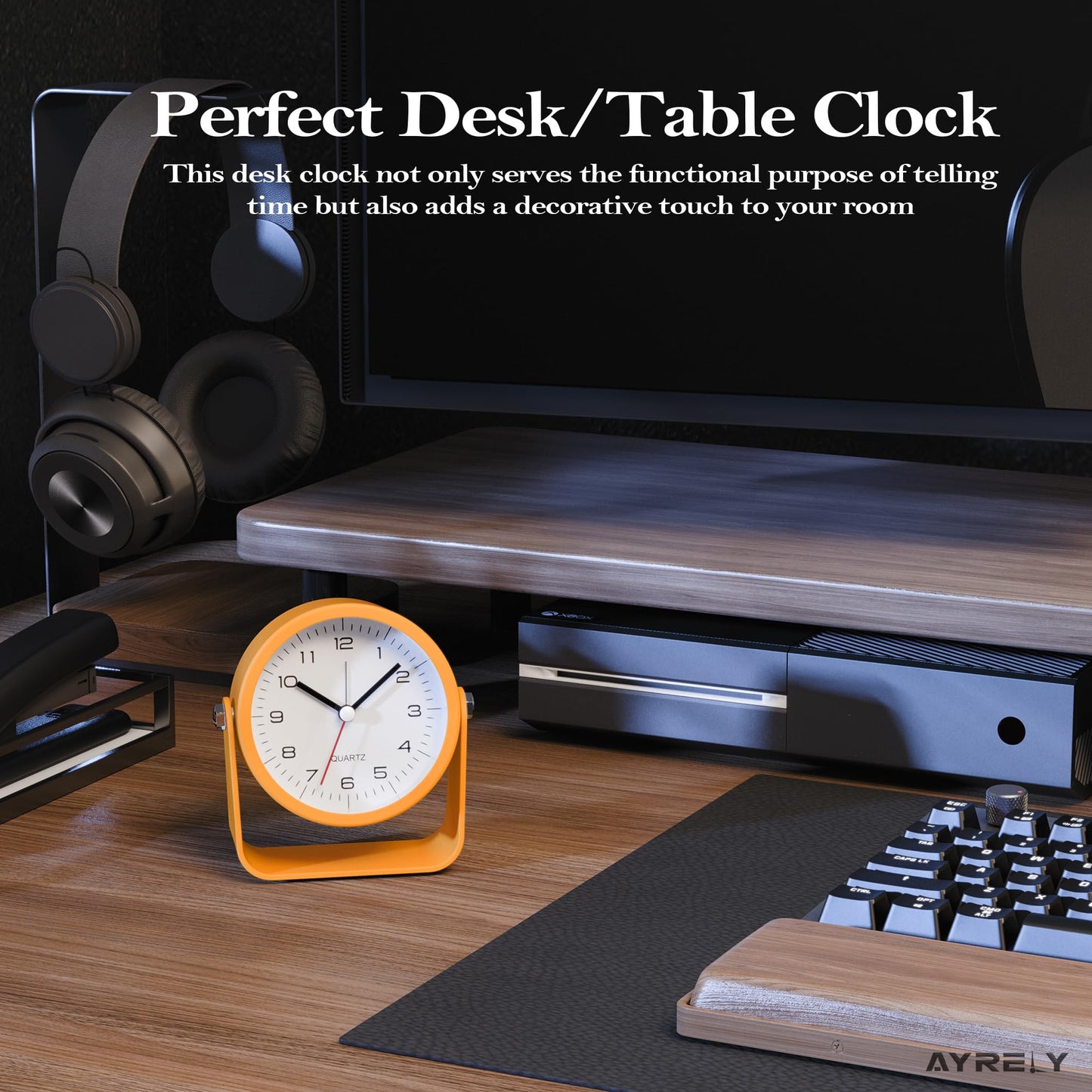 AYRELY® 3.5 Inch Small Analog Alarm Clocks,Battery Operated Desk Clock,Cute Table Clock with Light，Adjustable Angle for Travel,Bedside,Bedroom,Kids,Living Room Decor(Orange)