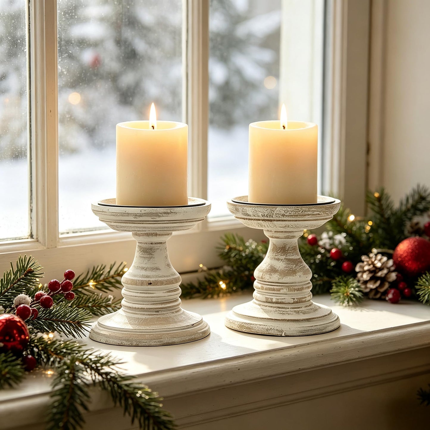 Hosley's Set of 2 White Wood Pillar Holders - 5" High. Ideal Gift for Weddings, Special Occasion, Spa, Aromatherapy Settings, Candle Gardens W1