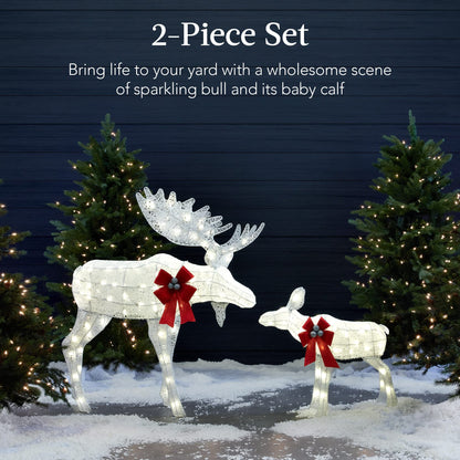 Best Choice Products 2-Piece Moose Family, Lighted Outdoor All-Weather Christmas Yard Decoration Light-Up Décor Set w/ 170 LED Lights, Ground Stakes, Zip Ties - White