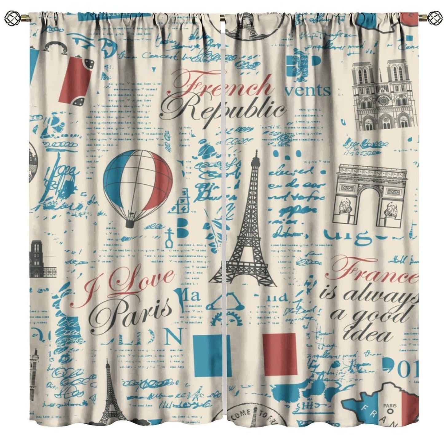 Eiffel Tower Curtains French Flag Paris Architecture Vintage Newspaper Retro Travel Pattern Rod Pocket Window Treatments Living Room Kids Bedroom 2 Panels Set 41" x 45" （No Blackout）