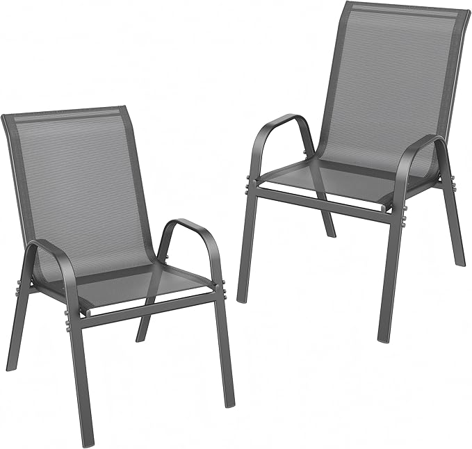 ONBRILL Patio Chairs set of 2, Easy Assembly Stackable Outdoor Dining Chairs with Wide Seat and Sturdy Metal Frame, Breathable All Weather Textilene Outdoor Chairs Set of 2 for Deck, Pool, Porch, Grey