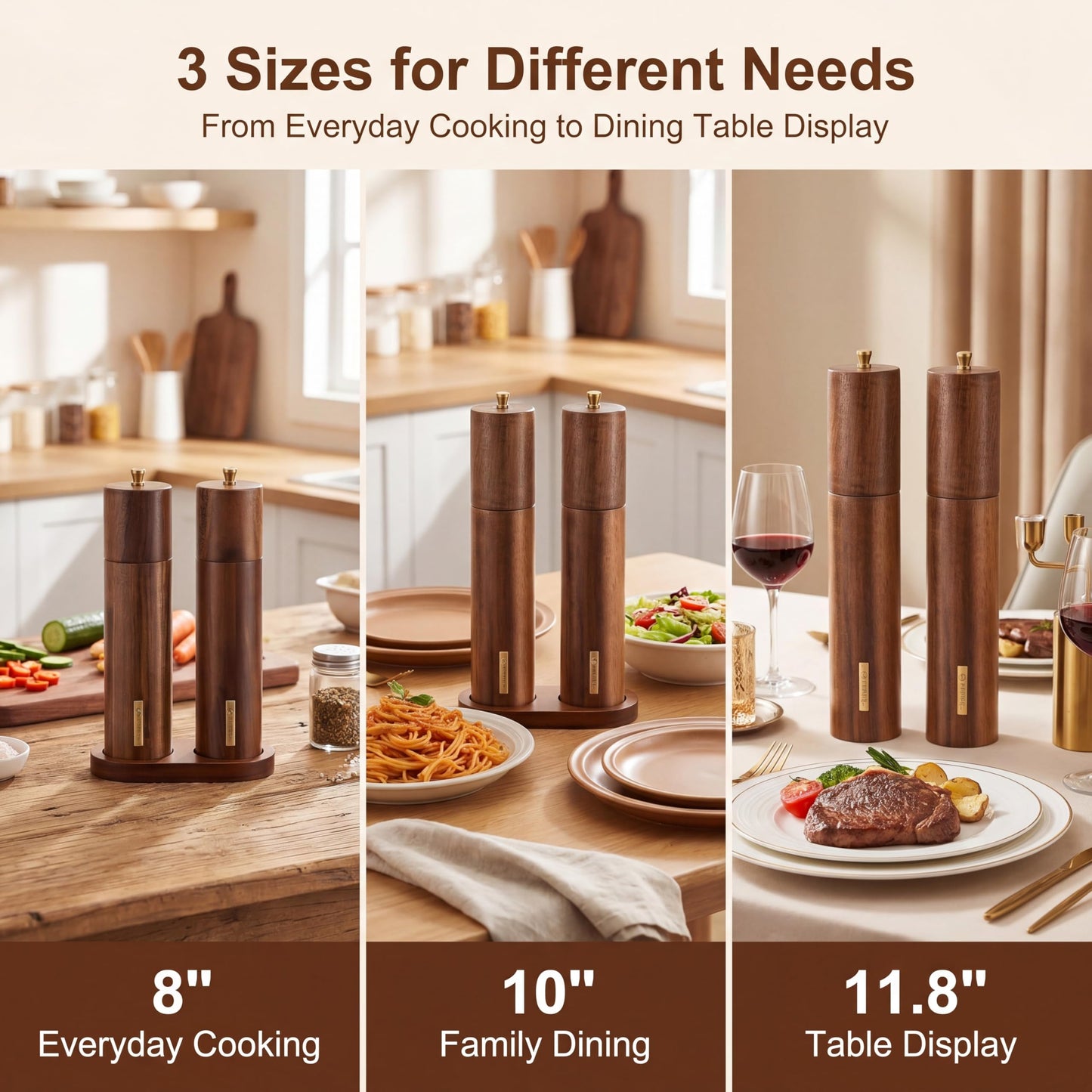 LOYIM Wooden Salt and Pepper Grinder Set 8 Inch Manual Salt and Pepper Mill with Tray Adjustable Coarseness Refillable Wood Grinders with Gold Bottle Label for Kitchen Christmas Home Gift(Wood Color)
