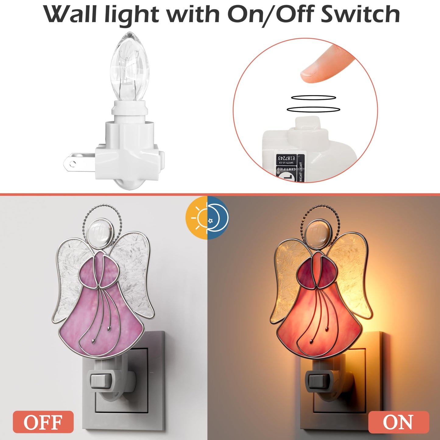 KUNDGLA Pink Angel Night Lights Plug into Wall,Stained Glass Plug in Night Light for Wall Socket Decorative Nightlight for Bedroom Hallway Kitchen Home Gifts for Mom Mother`s Day Birthday Christmas