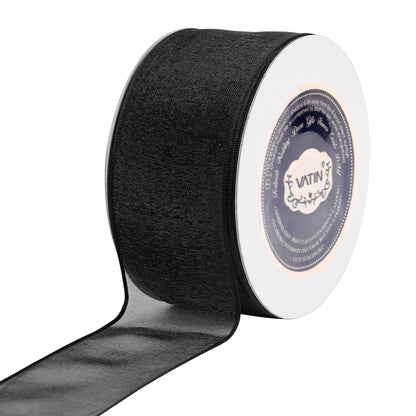 VATIN Black Organza Wired Ribbon, 1-1/2" Black Sheer Ribbon with Metallic Edge for Christmas Tree Decoration Gift Wrapping Wedding Crafts -25 Yards