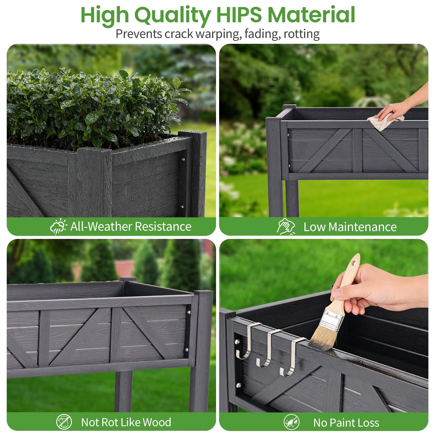 Elevated Raised Garden Bed with Legs & Wheels, 47x17x29.7in Large Planter Box with Handle & Shelf, HIPS All-Weather Outdoor Planter with Drainage Holes, Liner & Hooks for Vegetables, Herbs & Flowers