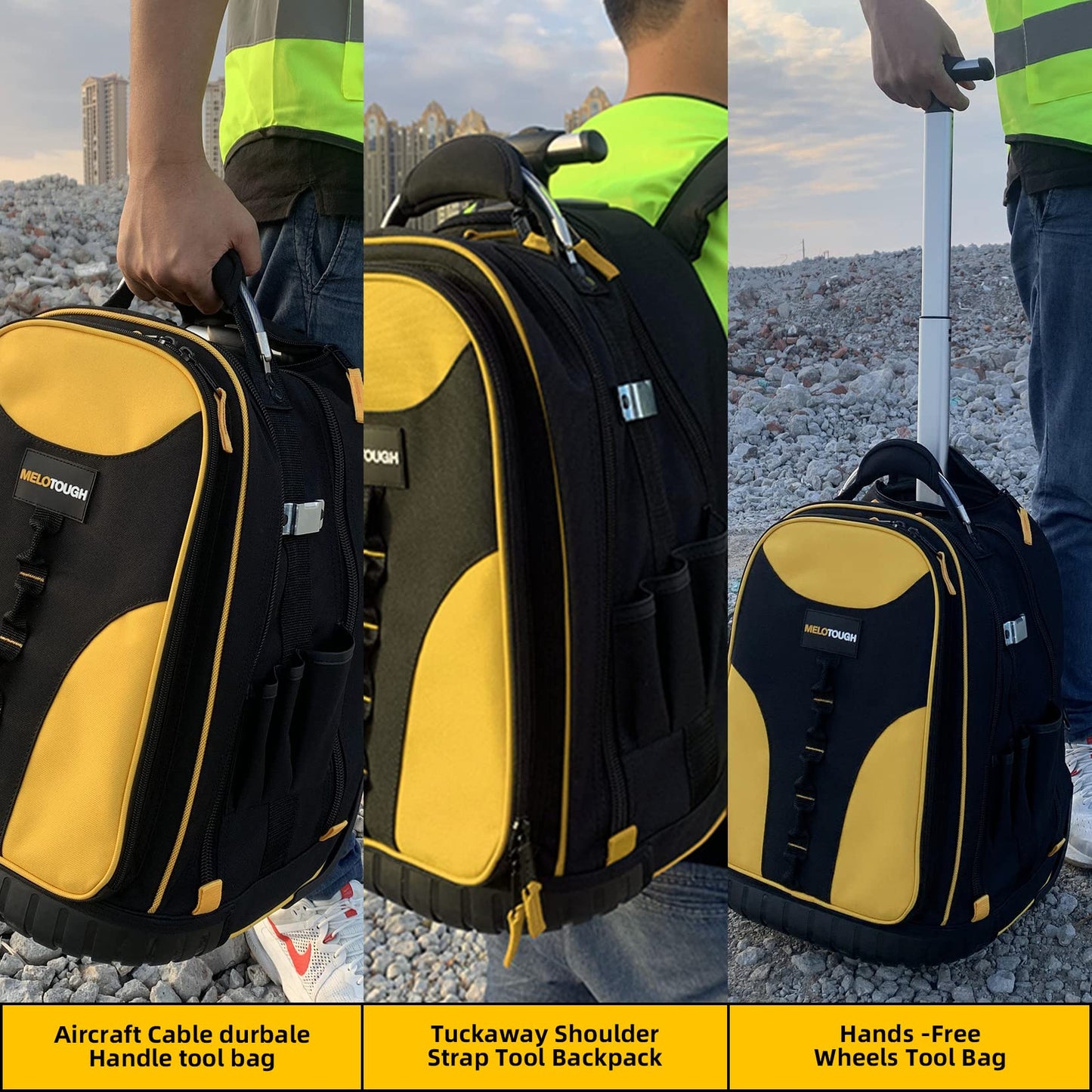 Wheeled Rolling Tool Bag Heavy Duty Tool Backpack for Men Tool Organizer Bag Including Laptop Sleeve(Yellow)