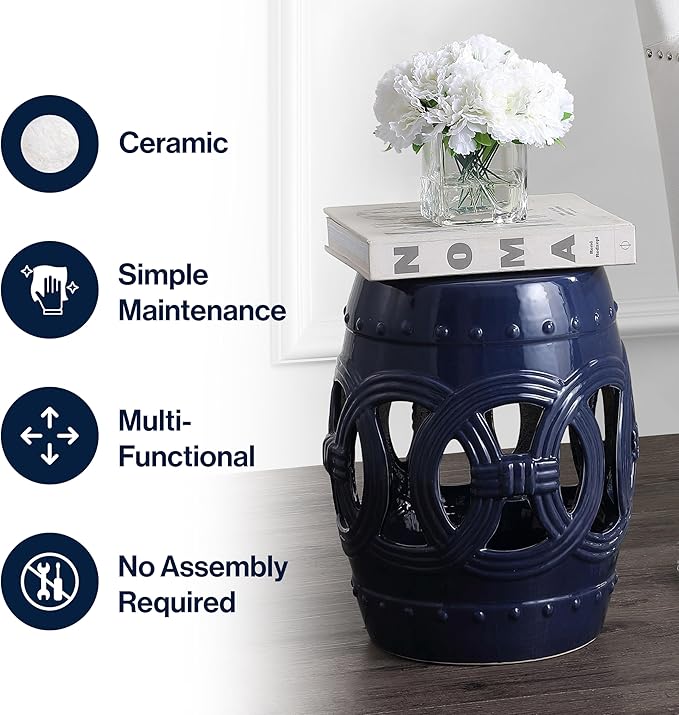JONATHAN Y TBL1022B Lucky Coins 16" Chinese Ceramic Drum Indoor/Outdoor Garden Stool Bohemian, Coastal, Classic, Cottage, French Country, Traditional, Side Table, Plant Stand, Spill-Proof, Navy
