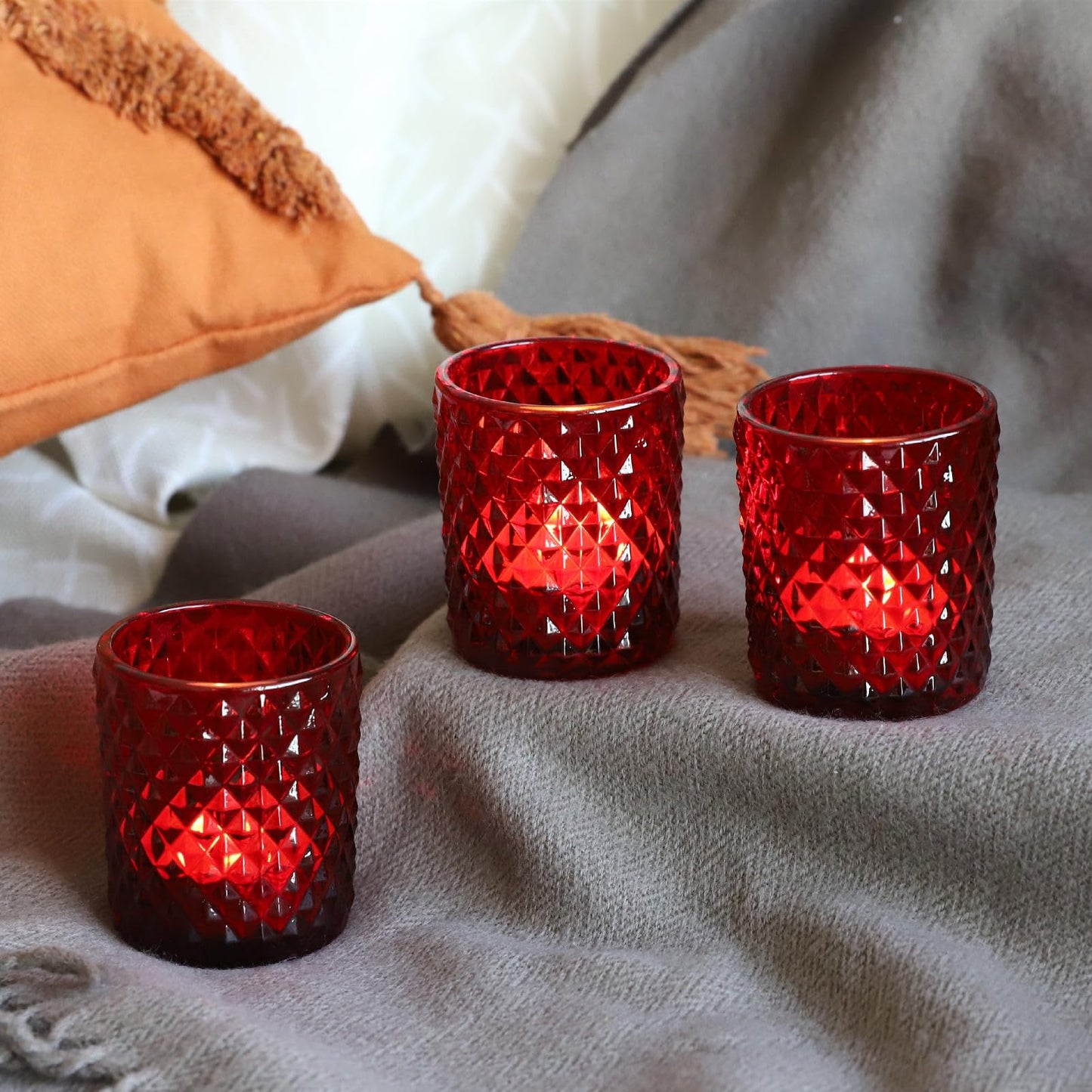 Woho Candle Holders for Votive Candles/Tealight Candles, Votive Candle Holder for Boho Home Decor, Glass Tea Lights Candle Holder for Wedding Party Christmas（24, Red