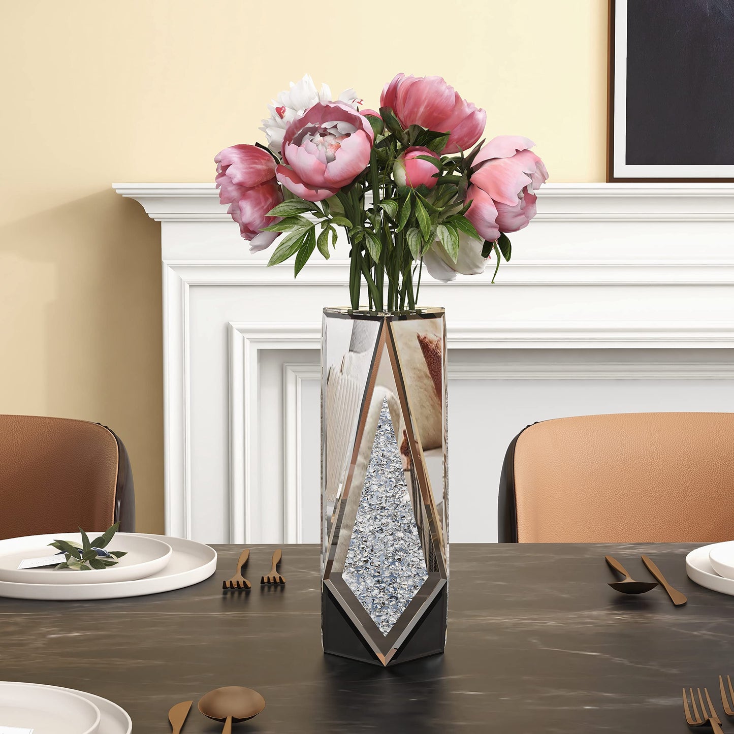 SHYFOY Crushed Diamond Flower Mirror Vase Silver Crystal Glass Vase Mirrored Decorative Flower Vases for Living Room Home Decor, 12" H, Can’t Hold Water