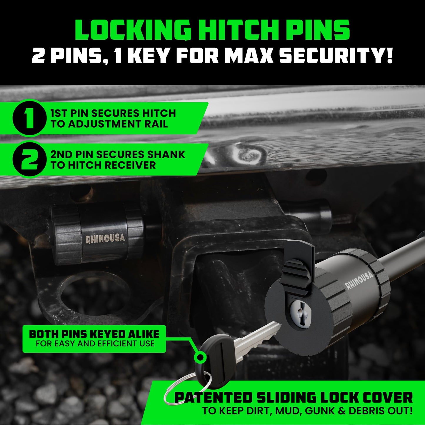 Rhino USA Adjustable Trailer Hitch (Fits 2-Inch Receiver)-Heavy Duty Aluminum Tow Hitches with 10-Inch Drop/Rise for Truck (12,500 LBS GTW) - Weatherproof Double Anti-Theft Locking Hitch Pins (Black)