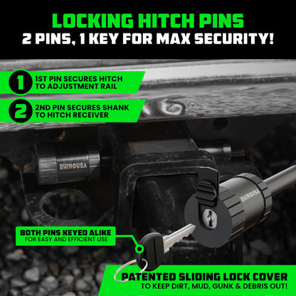 Rhino USA Adjustable Trailer Hitch (Fits 2-Inch Receiver)-Heavy Duty Aluminum Tow Hitches with 10-Inch Drop/Rise for Truck (12,500 LBS GTW) - Weatherproof Double Anti-Theft Locking Hitch Pins (Black)