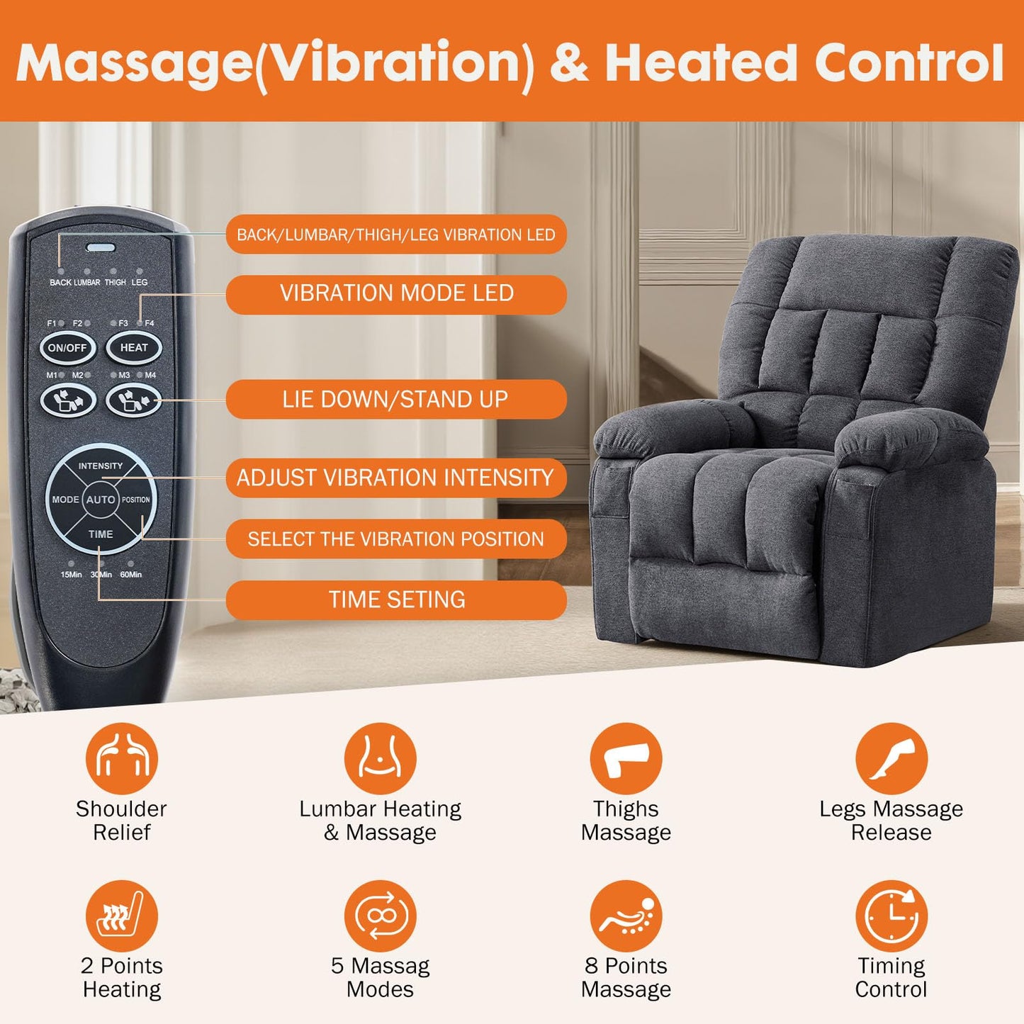Sweetcrispy Power Lift Recliner Chair with Vibration Massage and Heat for Elderly, Ergonomic Overstuffed Breathable Fabric Reclining Chair with 3 Pockets, Remote Control, Living Room, Light Brown
