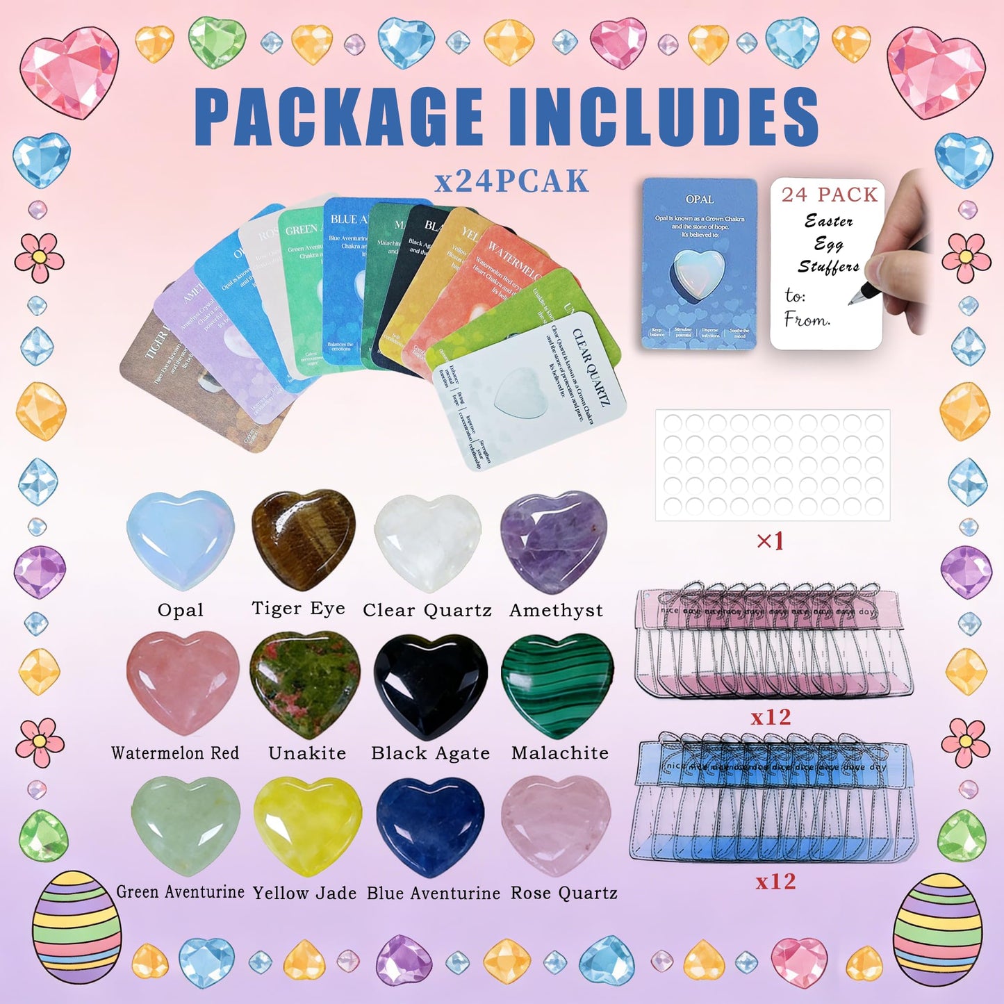 24 Packs Valentines Day Gifts for Kids,Crystals and Healing Stones with Heart Valentines Day Cards for Kids Classroom School Party Favors,Valentine Healing Crystals Rock Gift Exchange Bulk for Him Her