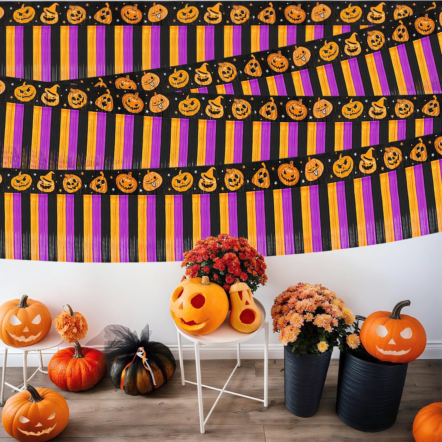 Pack of 4 Halloween Decorations, 79 Feet Halloween Foil Fringe Garland Orange Purple Black Pumpkin Metallic Tinsel Streamers Banner Wall Hanging Float Fringe Backdrop for Party Holiday Supplies