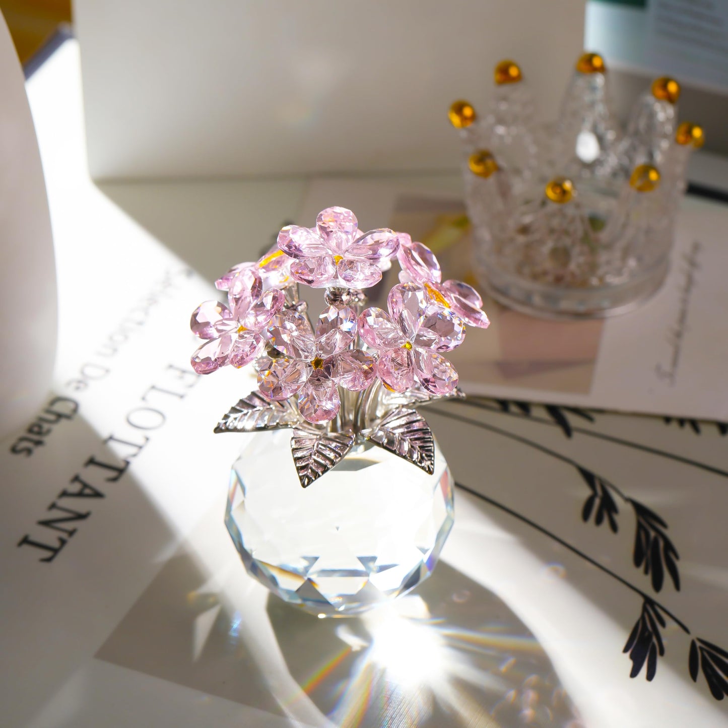 Qianwei Pink Forget Me Not Crystal Flowers - Sympathy Glass Flowers Collectible Figurines Decor Paperweight Ornament Home Office Table Desk Decorations