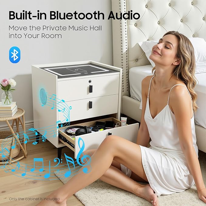 Smart Nightstand with Wireless Charging & Fingerprint Lock, 3-Drawer Bluetooth