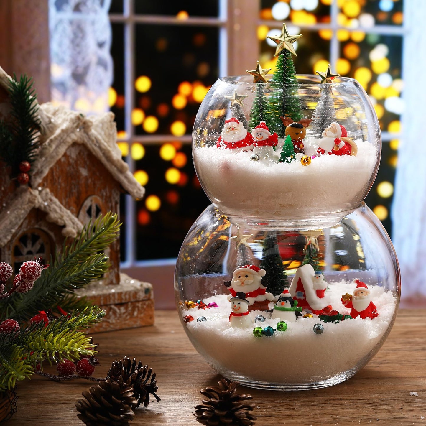 Roowest 96 Pcs Miniature Ornaments for Snow Globe Kit DIY Christmas Village Decoration Christmas Figurines Mini Ornaments with Snowman Reindeer Santa Claus Snowflake(Dark Green Light Green Silver)